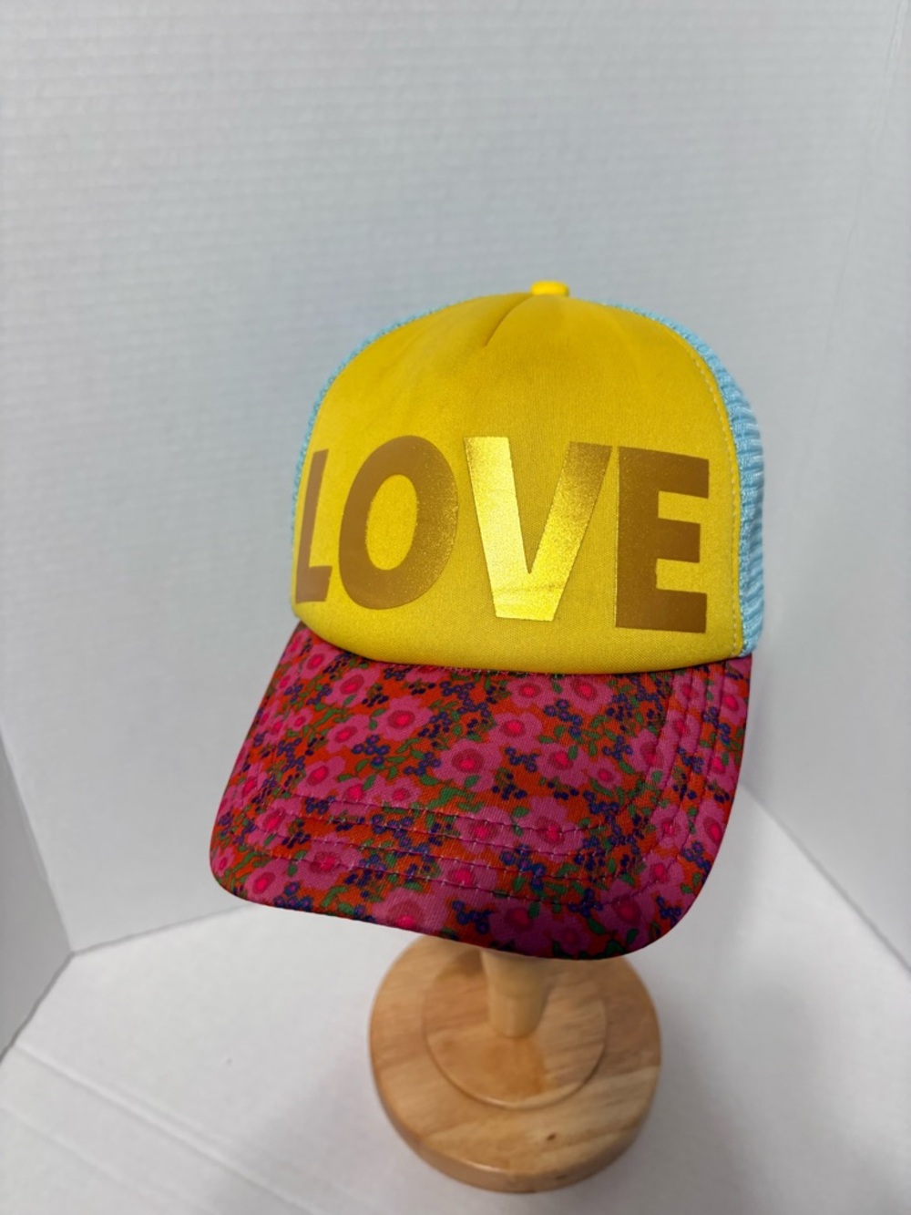 NATURAL LIFE Yellow 'LOVE' Trucker Hat with Pink Floral Brim and Light Blue Mesh